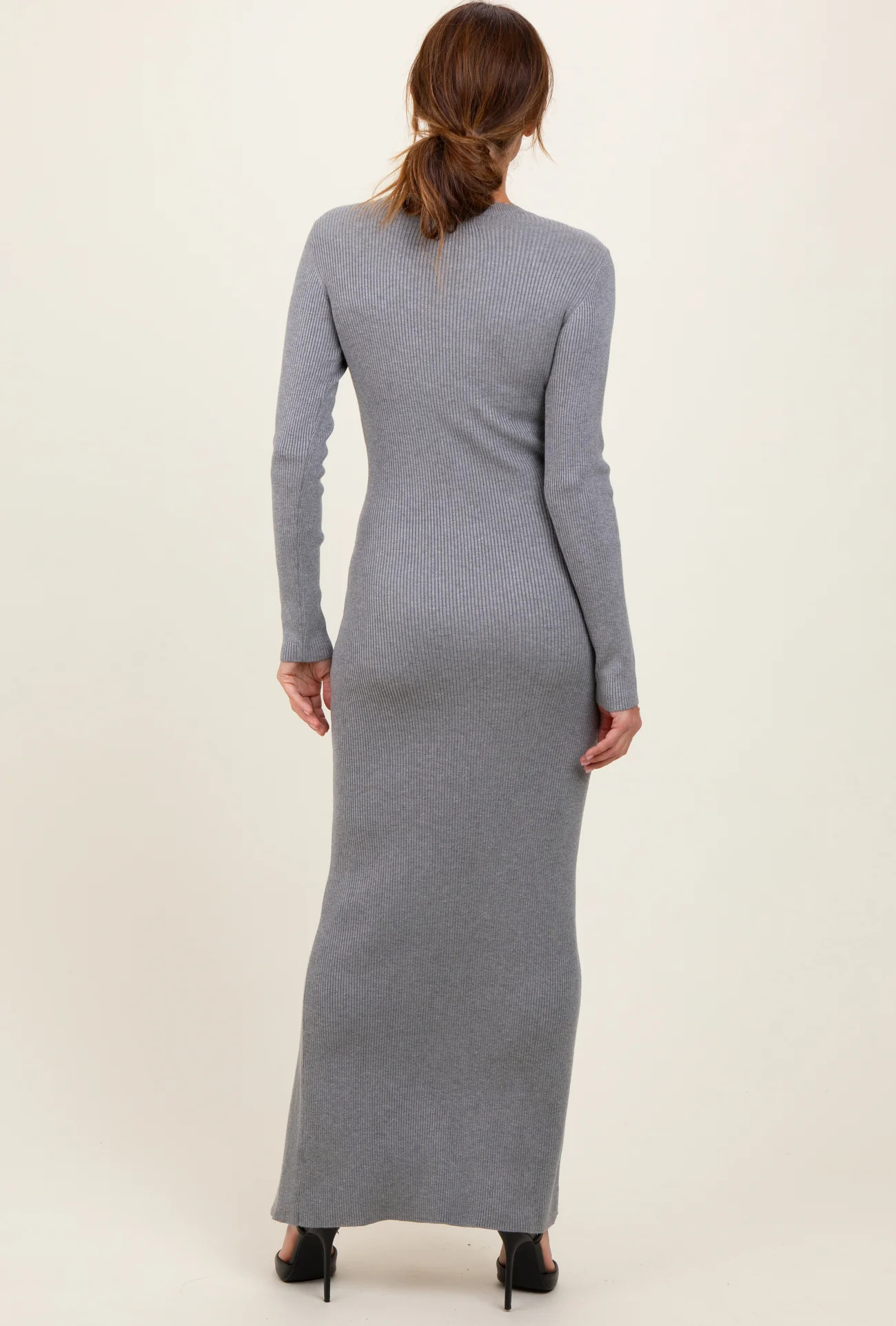 Heather Grey Ribbed Knit Long Sleeve Side Slit Maxi Dress | PinkBlush Maternity