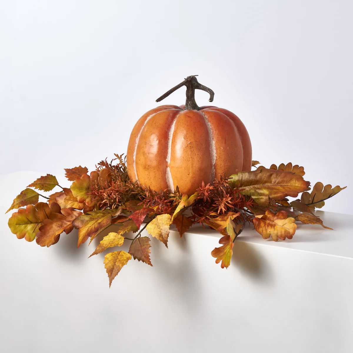 Autumn Harvest Orange Pumpkin Fall Centerpiece with Oak & Birch Mixed Leaves | Darby Creek Trading