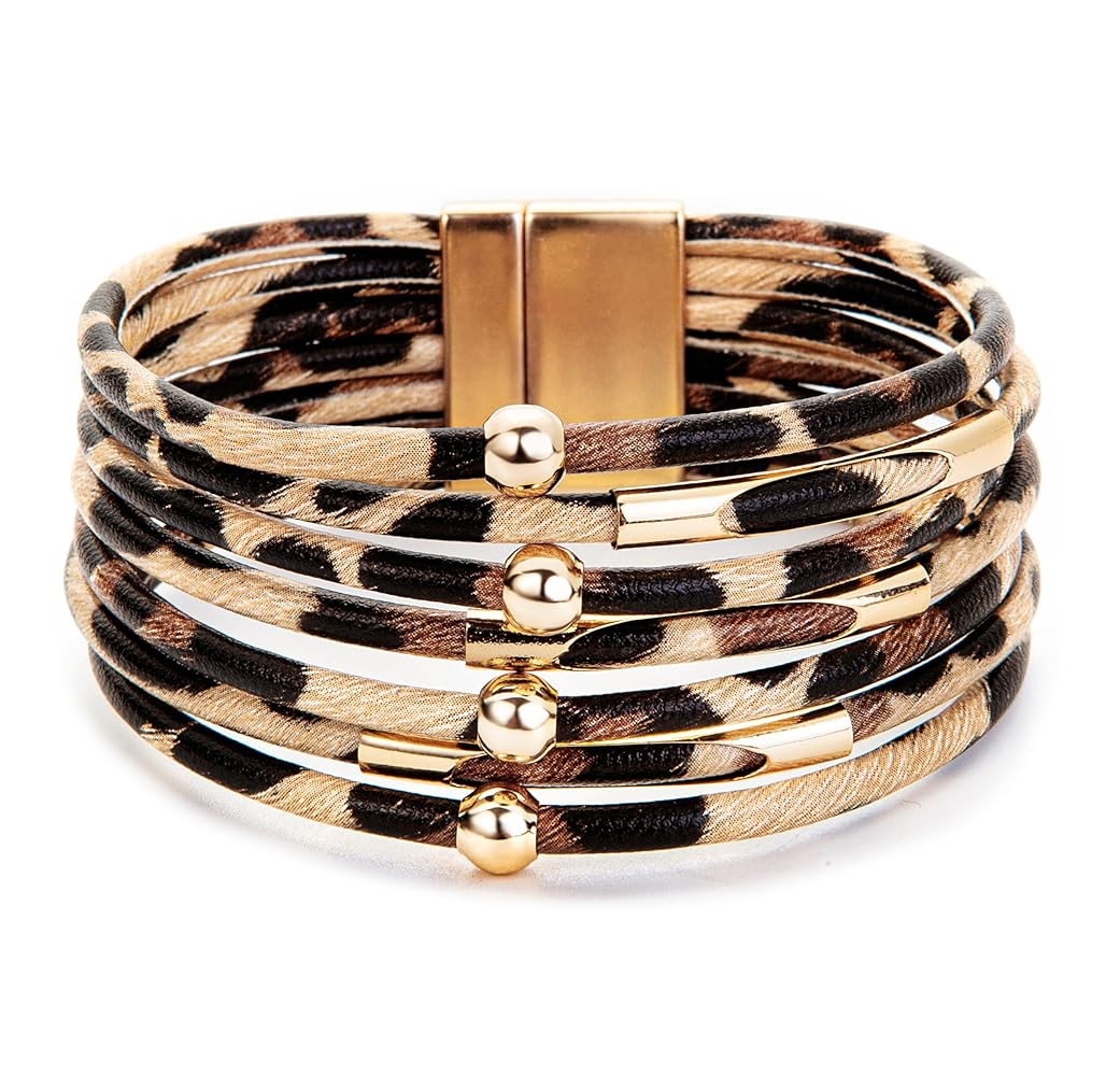 Fesciory Leather Wrap Bracelets for Women, Boho Leopard Multi-Layer Crystal Beads Cuff Bracelet J... | Amazon (US)
