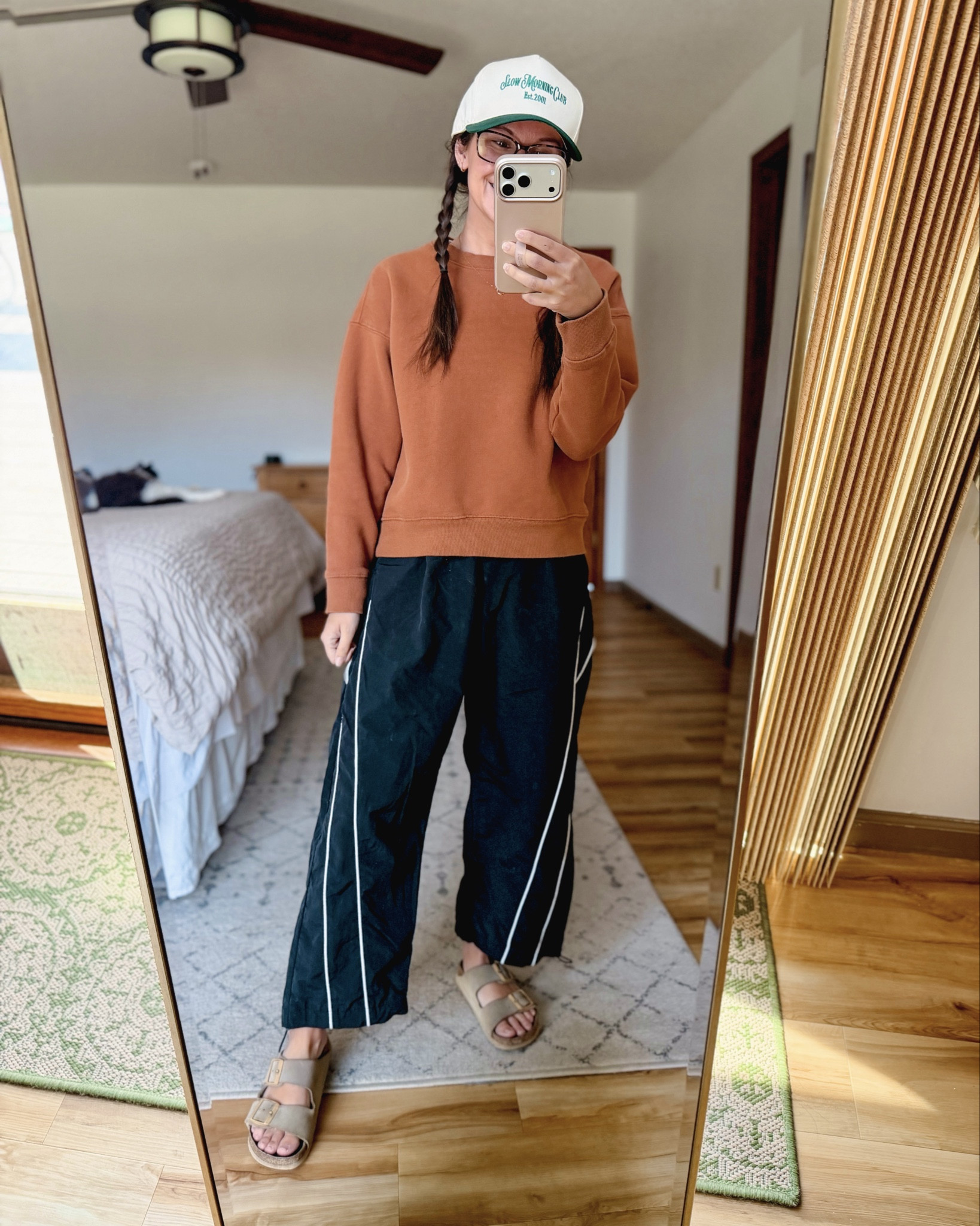 Saturday outfit for library returns, picking up Apple trees, and hanging on the back deck!

small in my tank, xs in my crenweck, xs in my track pants and 36 in my Birkenstock sandals 🧡