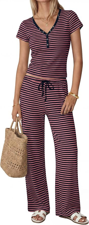 Womens Two Piece Set Striped Short Sleeve V Neck Top Wide Leg Pants Sets Cotton Matching Lounge P... | Amazon (US)