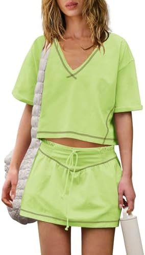 Nirovien Womens 2 Piece Workout Sets Summer Athletic Outfits Short Sleeve Crop Tops and Skirt wit... | Amazon (US)