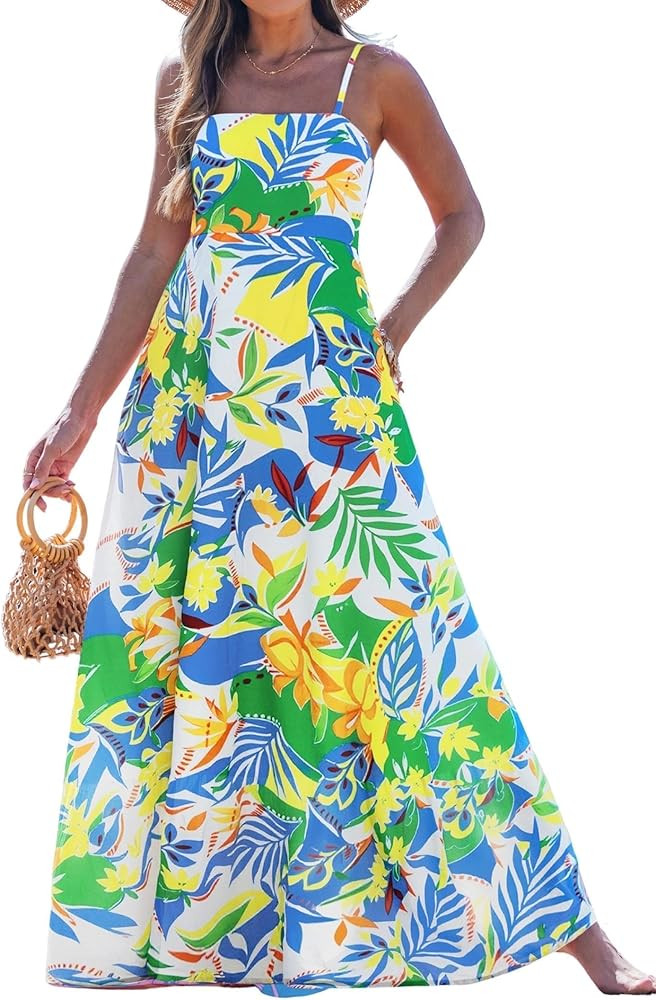 popvil Women Summer Maxi Dress 2026 Spaghetti Strap Long Beach Dress Boho A-Line Flowy Casual Sle... | Amazon (US)