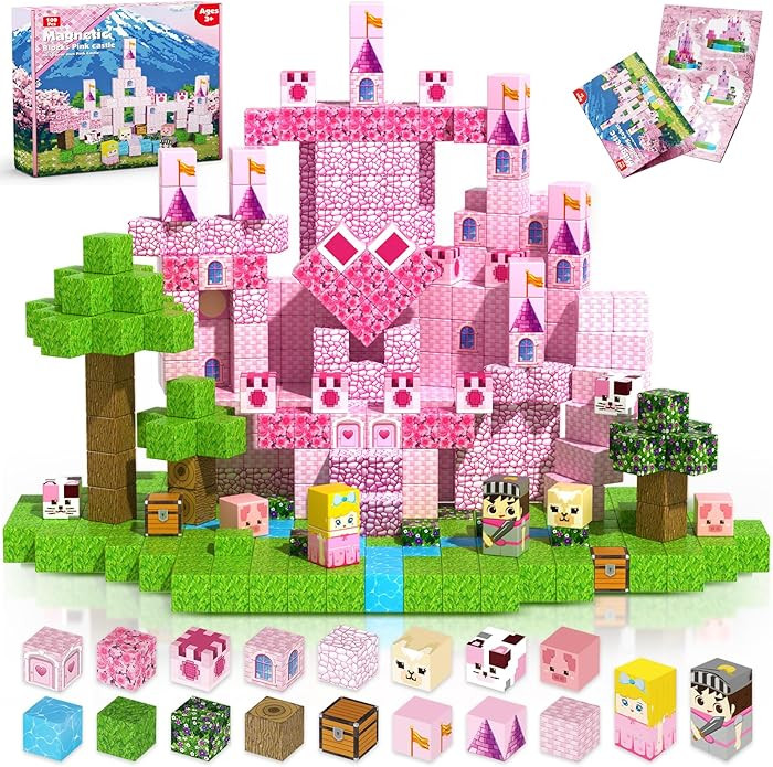 Magnetic Blocks - 100PCS Magnetic Building Block for Kids, Pink Princess Castle Magnet Cubes Sets... | Amazon (US)