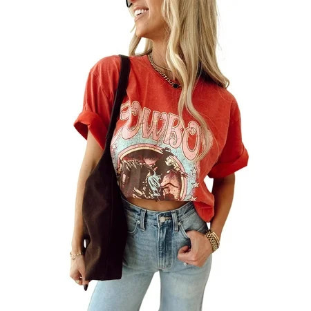 Stylish Short Sleeve Western T-Shirt for Women - Comfortable and Eye-Catching | [ZhiHiMeRi] | (US 4-6)S | Walmart (US)