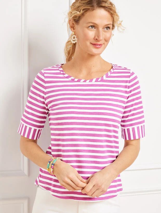 Shimmer Roll Cuff Crewneck Tee - Seychelles Stripe | Talbots