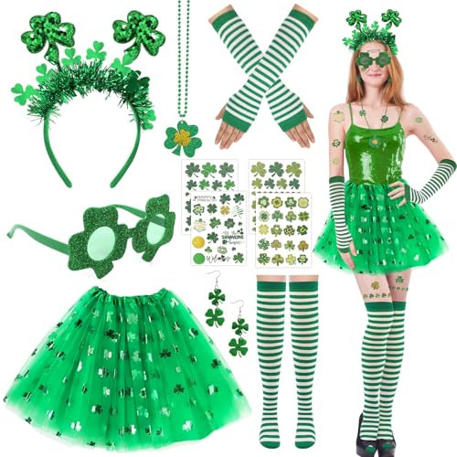 Beipegin 11pcs St. Patrick's Day Costume Accessories Set with Green Tutu Skirts for Women, Headband, Arm Warmers and Stocking | Amazon (US)