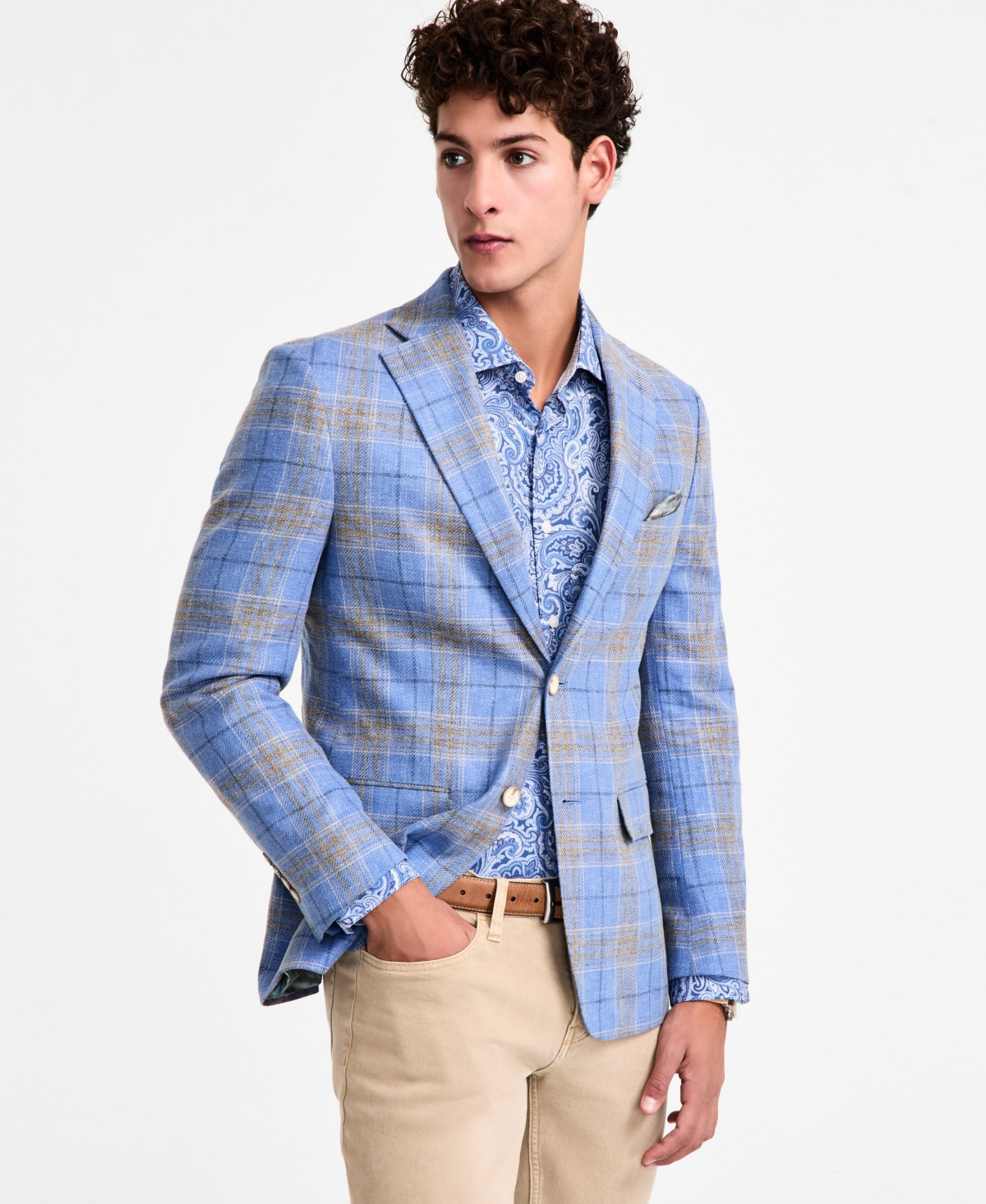 Tallia Men's Slim-Fit Printed Notch-Lapel Sport Coat - Blue/tan | Macy's