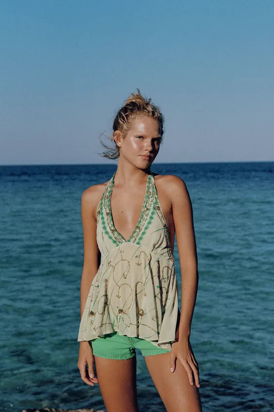 PRINTED EMBROIDERED HALTER TOP | Zara US