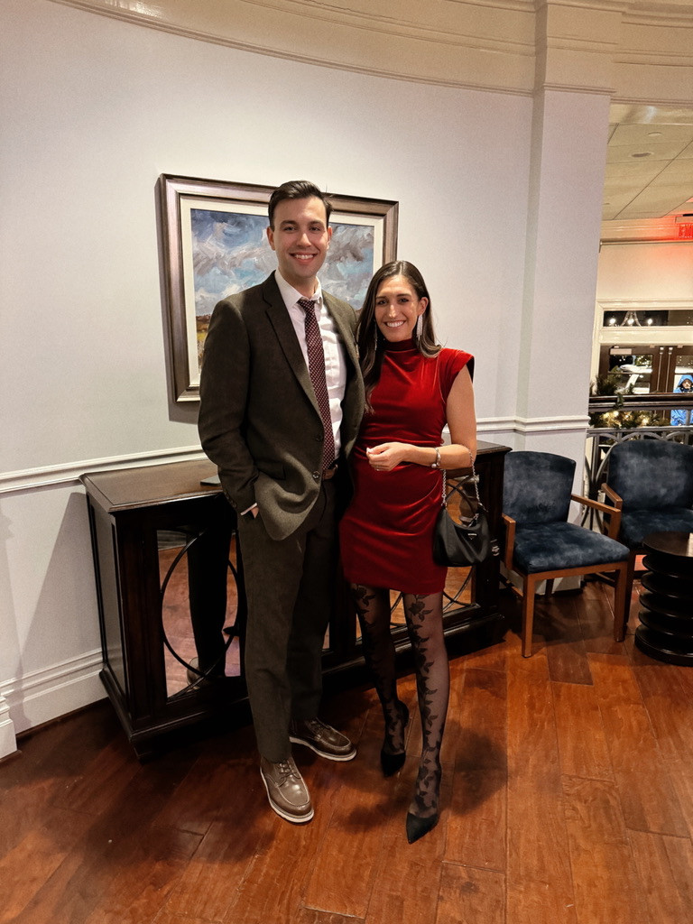 a festive, formal holiday party look ✨ 
wearing S in the dress. 

hubs' suit is J. Crew Factory. 

 