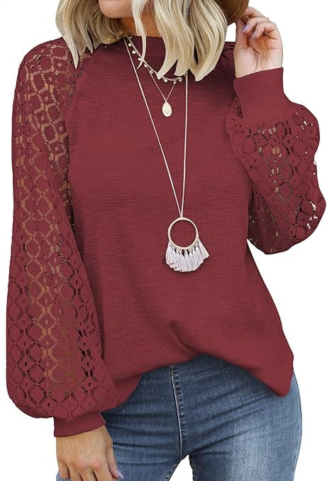 MIHOLL Women’s Long Sleeve Tops Lace Casual Loose Blouses T Shirts | Amazon (US)