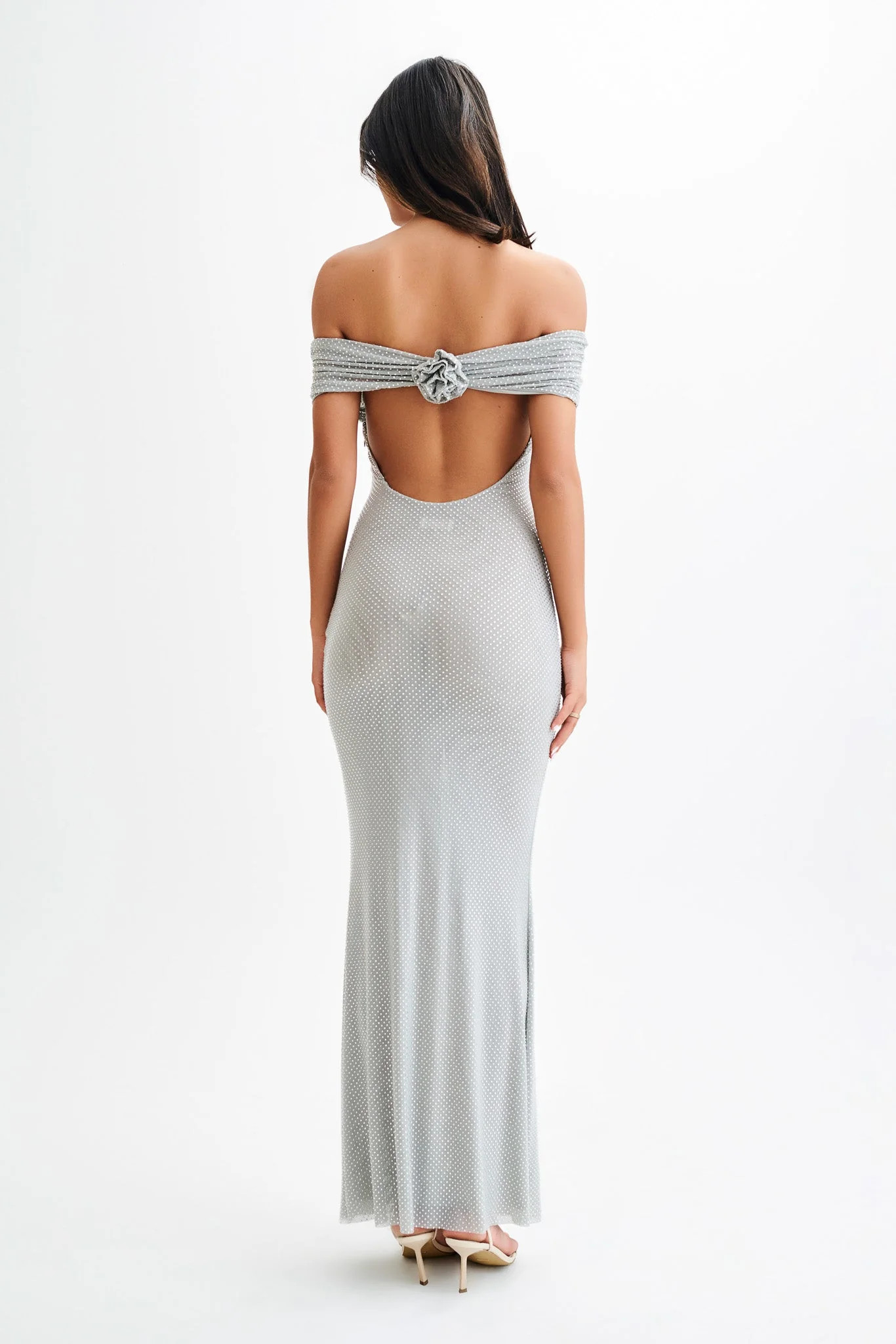 Arna Off Shoulder Diamante Maxi Dress - Silver | MESHKI US