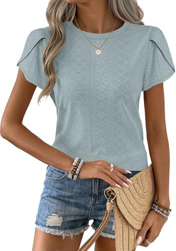 ANRABESS Womens Tops Summer Eyelet Petal Short Sleeve T Shirts Dressy Casual Blouses Ladies Basic... | Amazon (US)