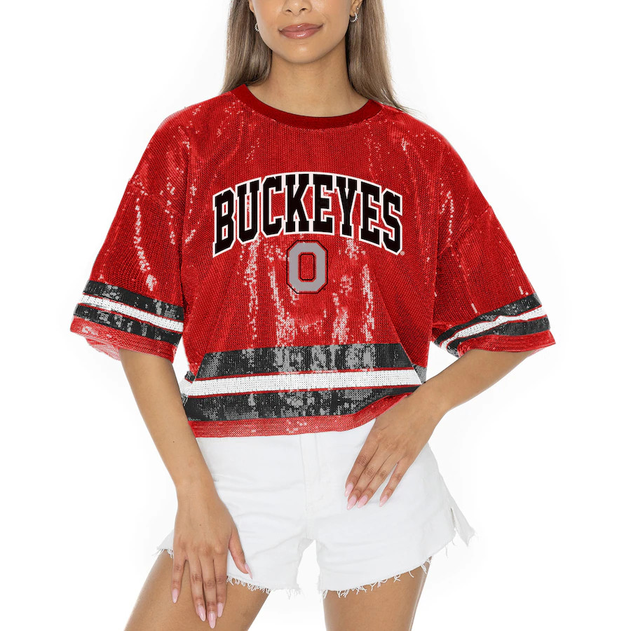 Ohio State Buckeyes Gameday Couture Women's Sequin Striped Cropped Fashion Jersey T-Shirt - Scarl... | Fanatics