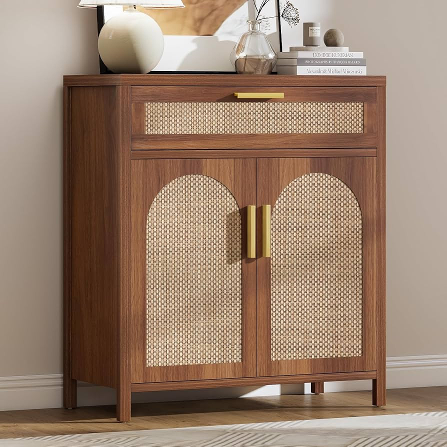 Rattan Buffet Cabinet with Storage, Sideboard Cabinet with Doors and Shelves, Accent Coffee Bar with Drawers, Farmhouse Kitchen Storage Cabinets, credenza for Entryway, Living Room Walnut | Amazon (US)