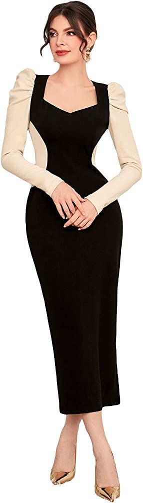 WDIRARA Women's Colorblock Sweetheart Neck Slit Back Puff Long Sleeve Elegant Midi Dress | Amazon (US)