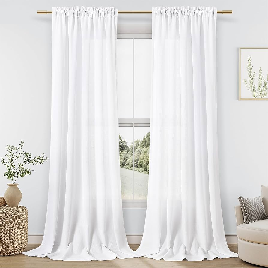 Guken White Linen Curtains 102 Inch Length for Living Room Bedroom 2 Panels Set Rod Pocket Light ... | Amazon (US)