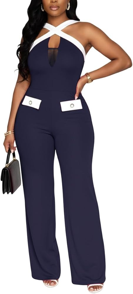 Women'S Dressy Formal Black Jumpsuits Sexy Cross-Neck Sleeveless Wide Leg Party Jumpsuit | Amazon (US)