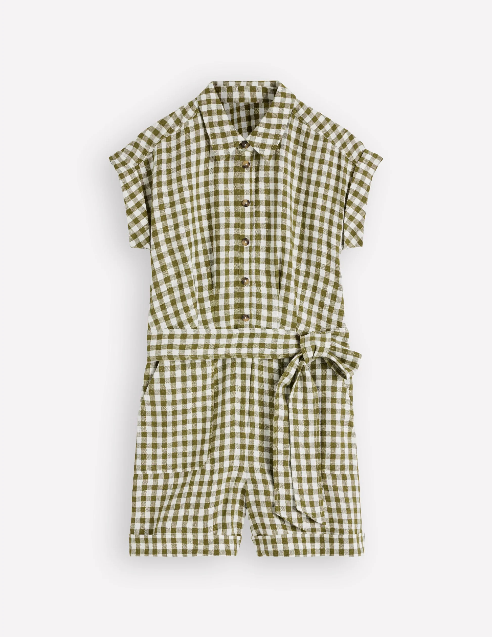 Kay Linen Playsuit-Olive, Ivory Gingham | Boden (US)