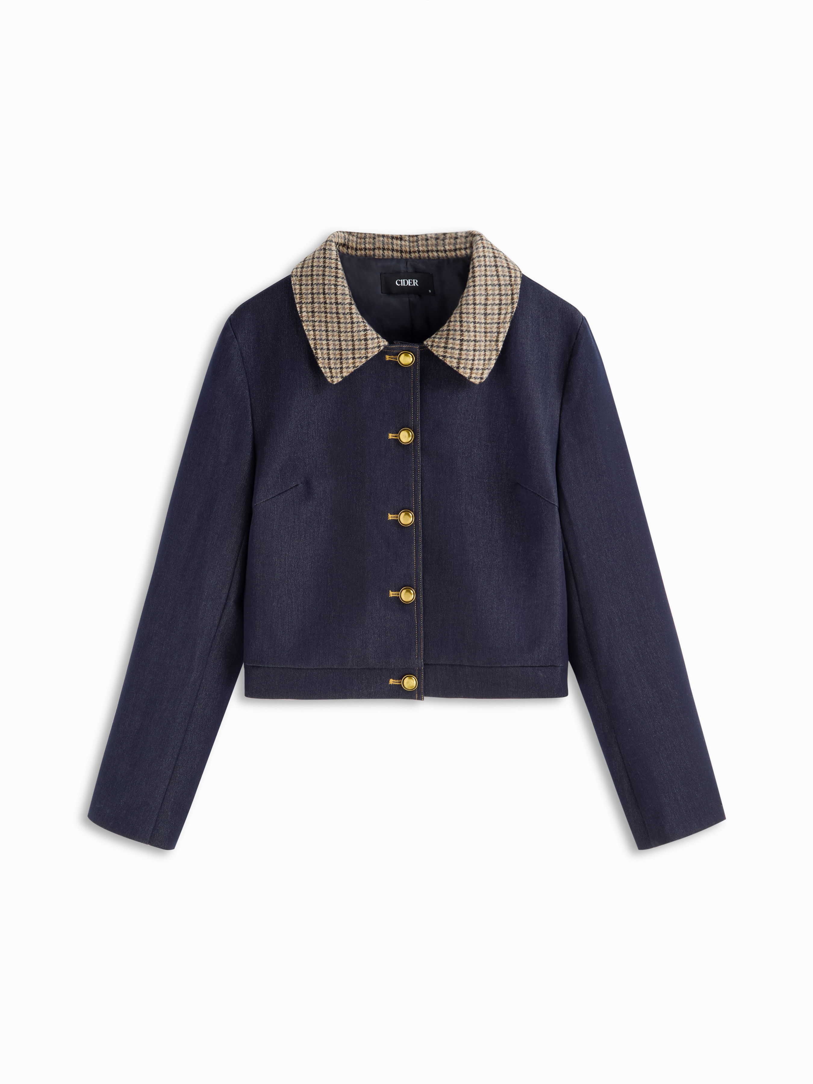 Woven Plaid Collar Two Tone Button Oversized Crop Shacket For Daily Casual | Cider