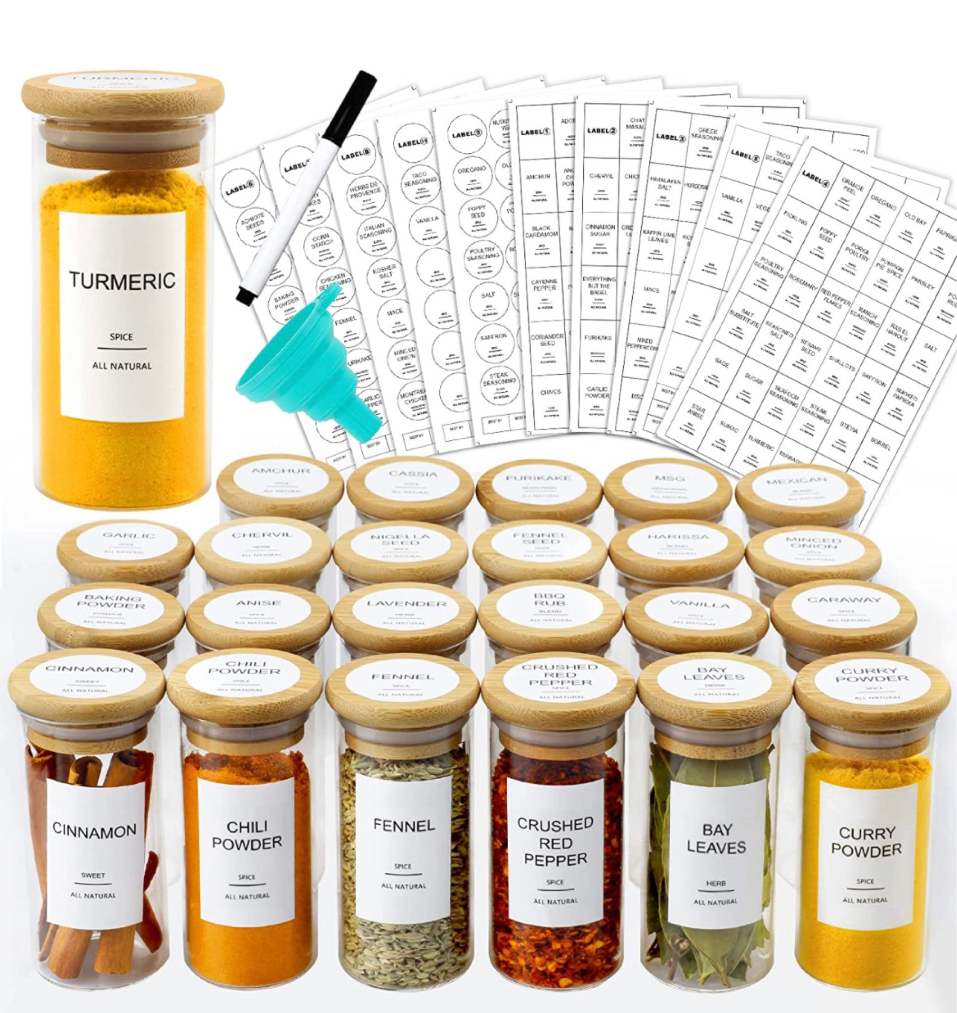 Regular size glass + bamboo spice containers with labels! These are the best! Spices are organized + look clean! 

#LTKunder50 #LTKsalealert #LTKhome