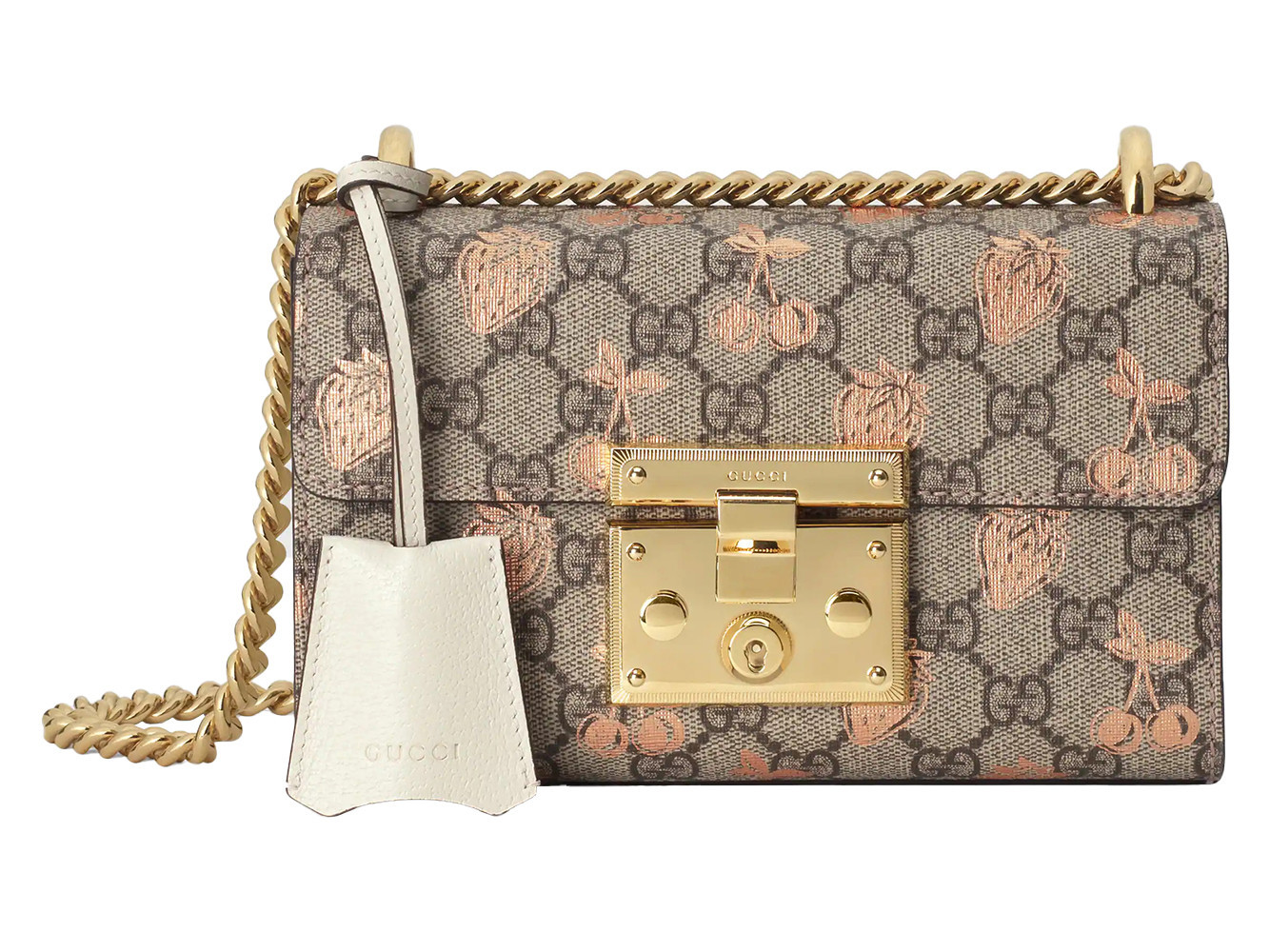 Women's Gucci Padlock Shoulder Bag GG Supreme Strawberry Print in Beige/Ebony/Metallic Cherry | StockX