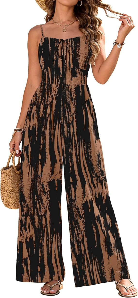 AGERWAY Womens Jumpsuits 2026 Casual Spaghetti Strap Wide Leg Long Pants Rompers One Piece Summer... | Amazon (US)