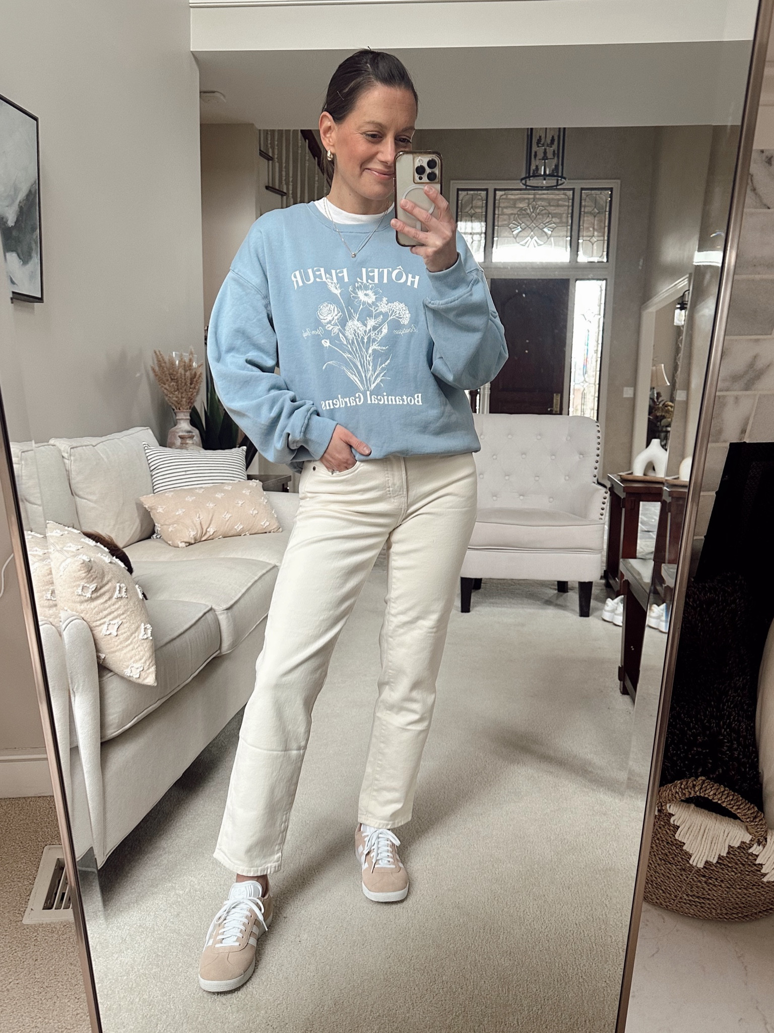 Spring outfit idea! 🌺 

Cream jeans run true to size to big - I sized down to the 0. They are a mid rise. 

Graphic sweatshirt runs big - I’m in the small for an oversized fit.  



#LTKOver40 #LTKSaleAlert #LTKPetite