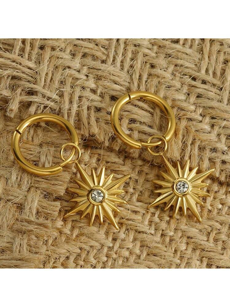 Stainless Steel European & American Fashion Rhinestone Octagon Star Drop Earrings, Titanium 18K G... | SHEIN