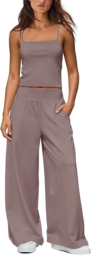Yanekop Womens 2 Piece Lounge Set Vacation Travel Sets Spaghetti Strap Tank Top with Built in Bra... | Amazon (US)