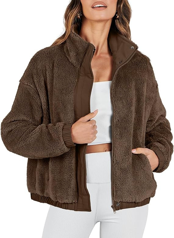 ANRABESS Womens Fleece Jacket Casual Long Sleeve Cropped Sherpa Button Down Fuzzy Warm Coats Fall... | Amazon (US)