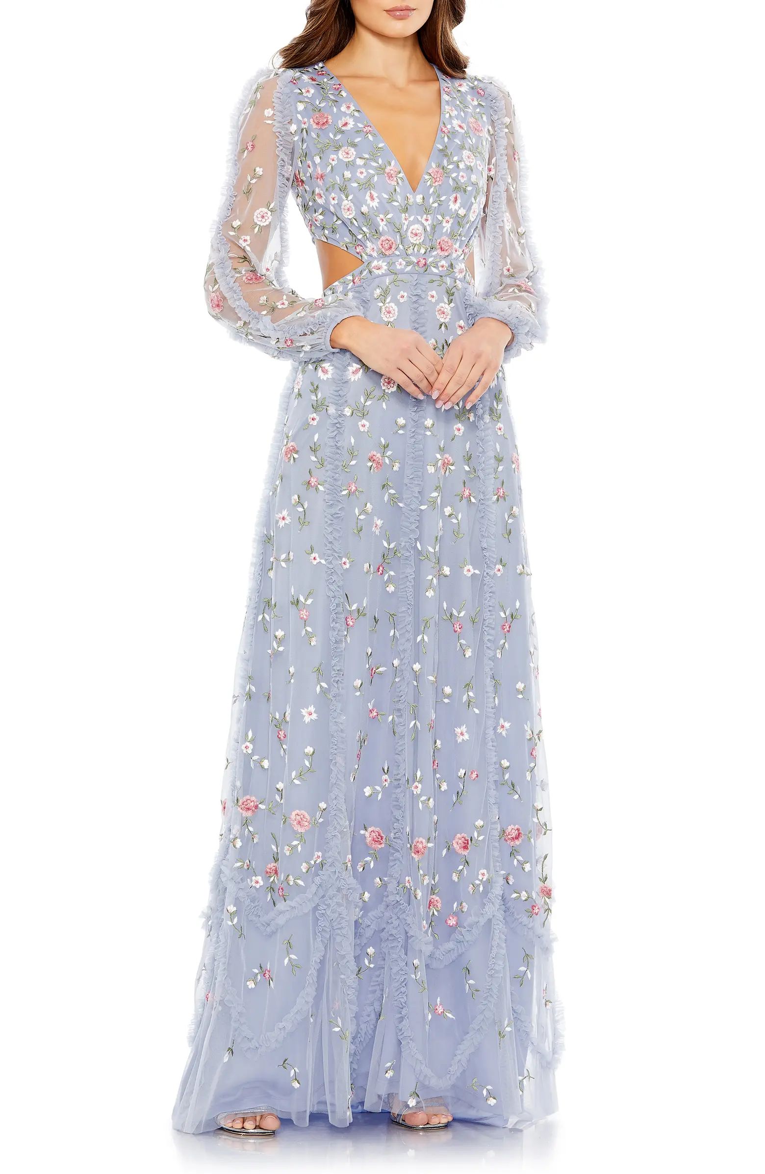 Embroidered Long Illusion Sleeve Sheath Gown | Nordstrom