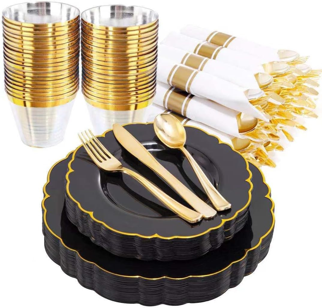 Amazon.com: Morejoy 175PCS Black Gold Plastic Plates, Black Disposable Plates with Pre Rolled Nap... | Amazon (US)