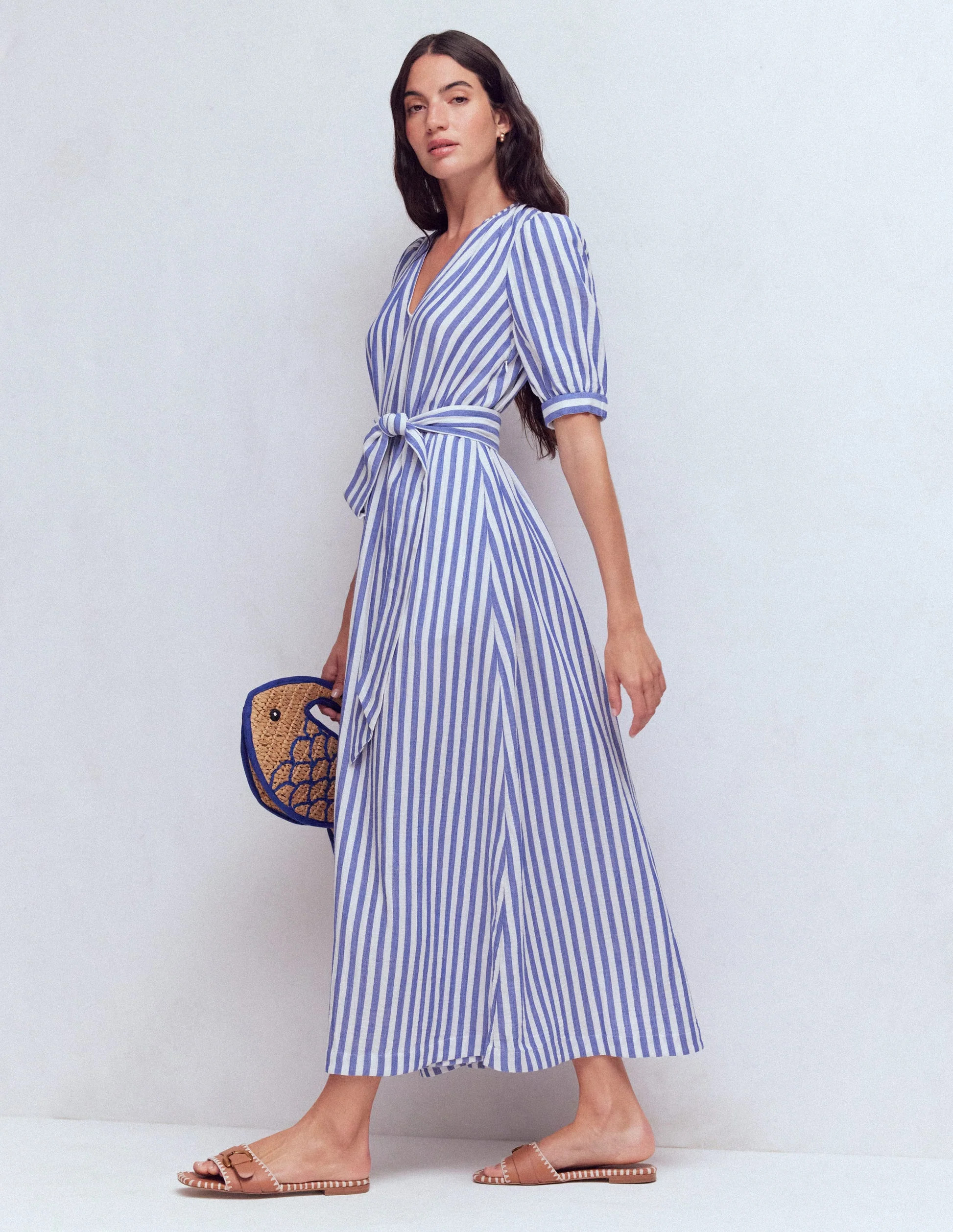 Double Cloth Puff Sleeve Dress-Blue Ivory Stripe | Boden UK