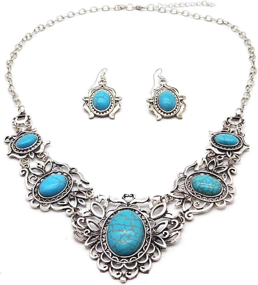 Turquoise Jewelry Sets Bohemian Pendant Necklace Earrings Western Costume Jewelry for Women Girls | Amazon (US)