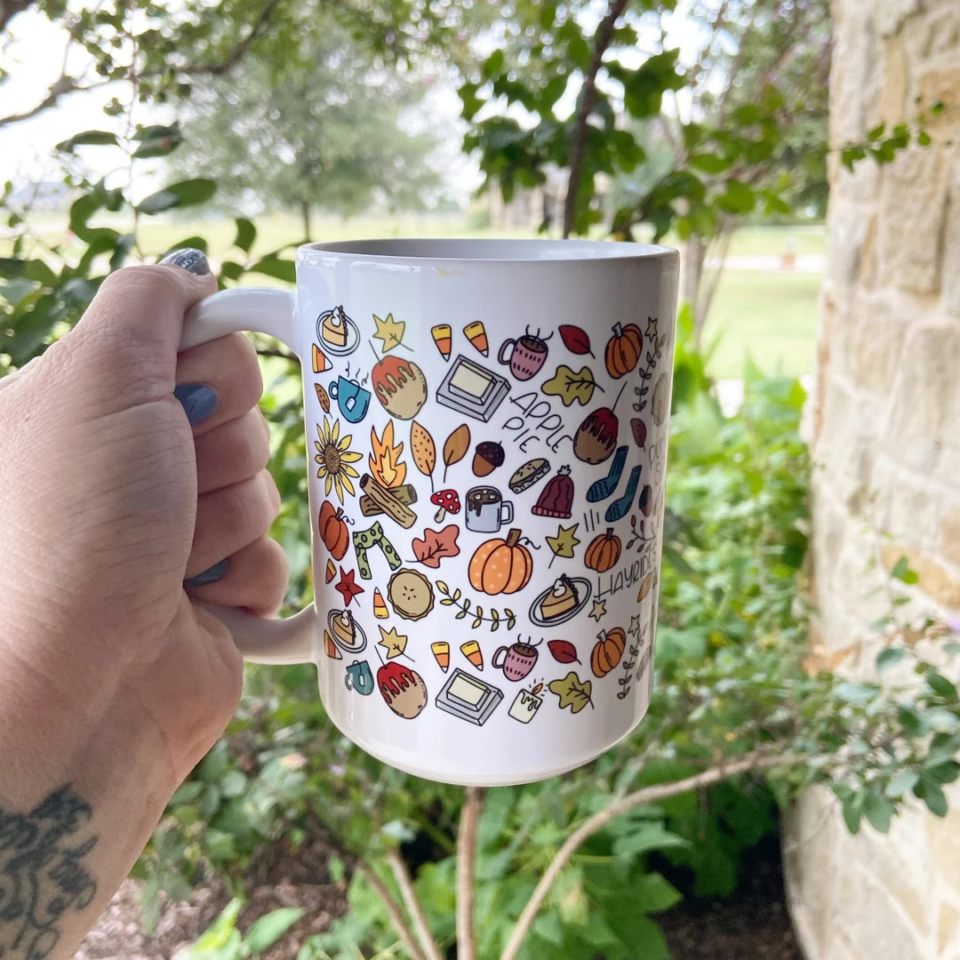 Fall Coffee Mug, Hand Drawn Illustrations, Autumn Mug, Coffee Cup, Pumpkin Mug, Pumpkin Latte, Sw... | Etsy (US)