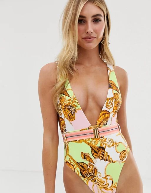River Island plunge swimsuit with belt in scarf print | ASOS US