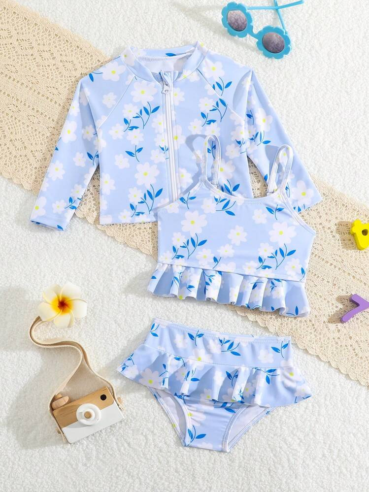 Baby Girls Floral Print Ruffle Hem Bikini Set With Zipper Up Top | SHEIN