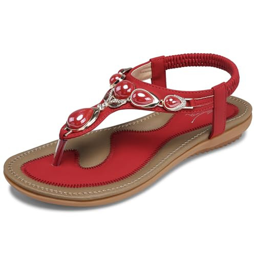 SHIBEVER Flat Sandals for Women Dressy: Red Slip on Summer Sandals - Comfortable Walking Ankle Strap Womens Flats Sandal Size 10.5 | Amazon (US)