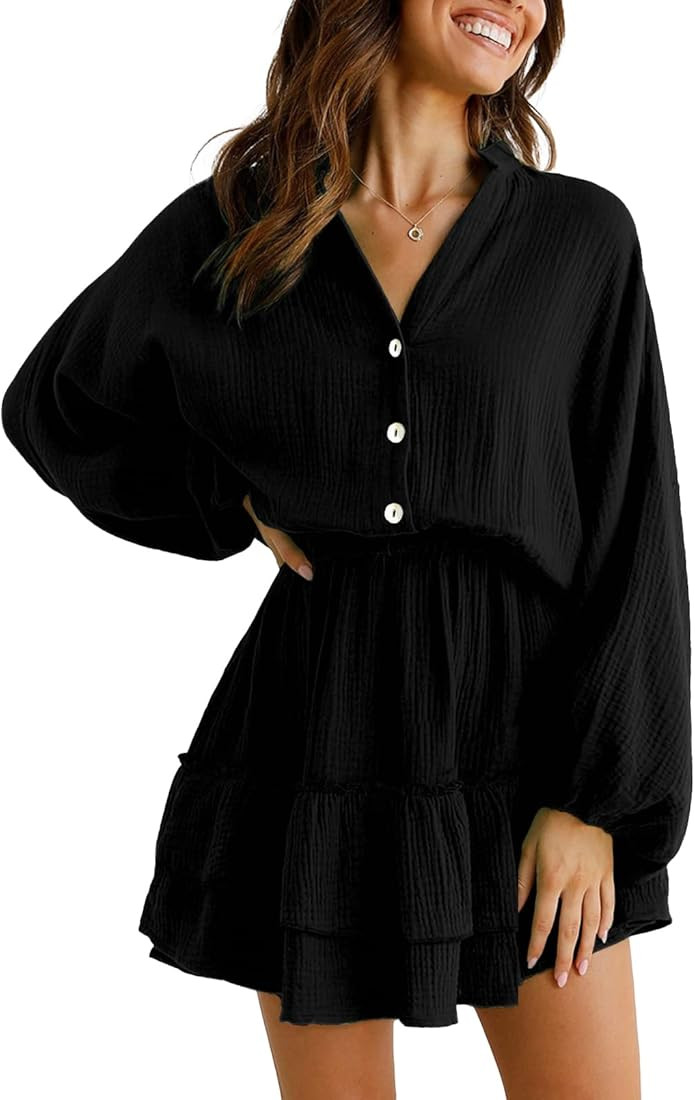 ARTFREE Women's Long Lantern Sleeves Mini Dress V Neck Button Down Ruffle Tiered Swing Fall Casua... | Amazon (US)