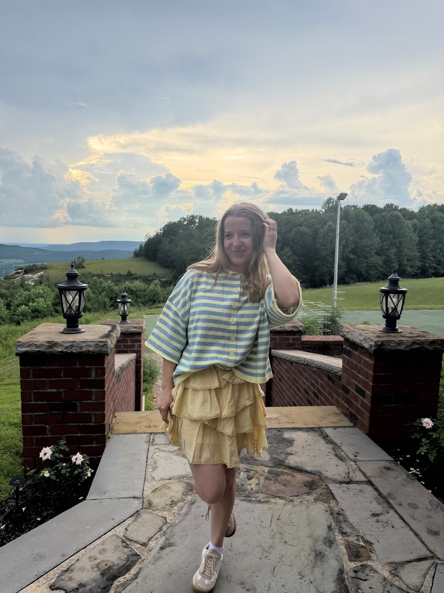 Summer tiered skirt stripe cardigan look 💛🩵

#LTKgrwm #LTKPetite #LTKootd