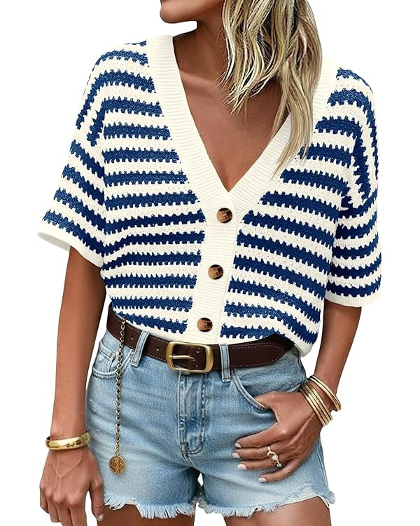Saodimallsu Womens Short Sleeve Striped Cardigan Sweaters Crochet Knit Button Down Shirts V Neck ... | Amazon (US)