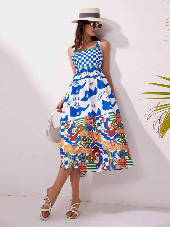 SHEIN VCAY Women's Checkerboard Print Spaghetti Strap Dress | SHEIN