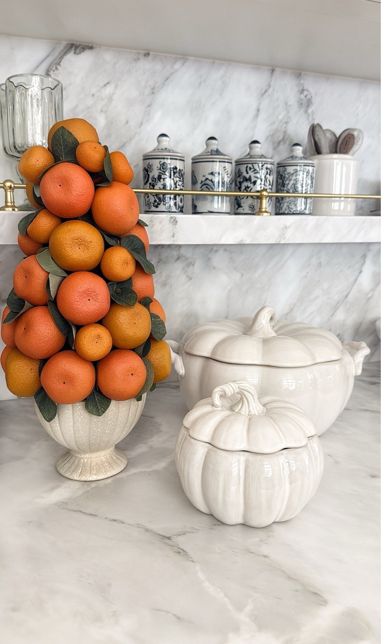 Fall finds I am loving right now: faux clementine tree, pumpkin soup tureens, and blue and white hand-painted spice jars.