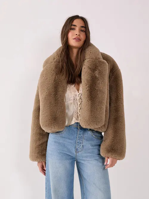 NASTY GAL Cropped Collar Faux Fur Jacket in Mink at Nordstrom, Size 4 | Nordstrom