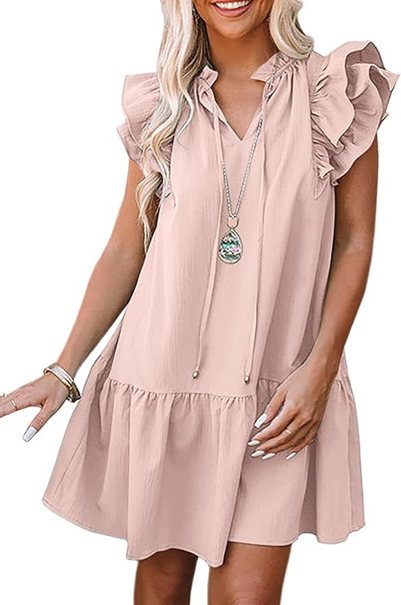 Dokotoo Womens 2023 Spring Summer V-Neck Drawstring Ruffle Cap Sleeve Side Pockets Mini Dress | Amazon (US)