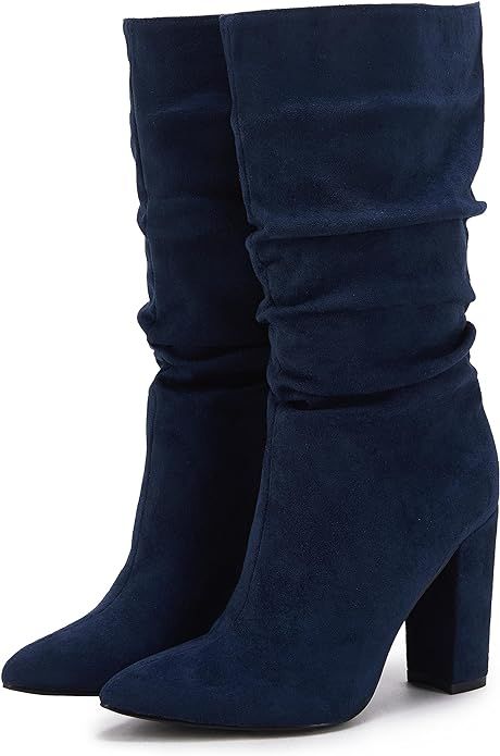 Syktkmx Womens Winter Slouchy High Heel Boots Mid Calf Suede Slip on Chunky Block Pointed Toe Boo... | Amazon (US)