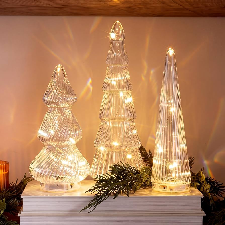 Leitee 3 Pcs Glass Christmas Tree Set with Lights, Transparent | Amazon (US)