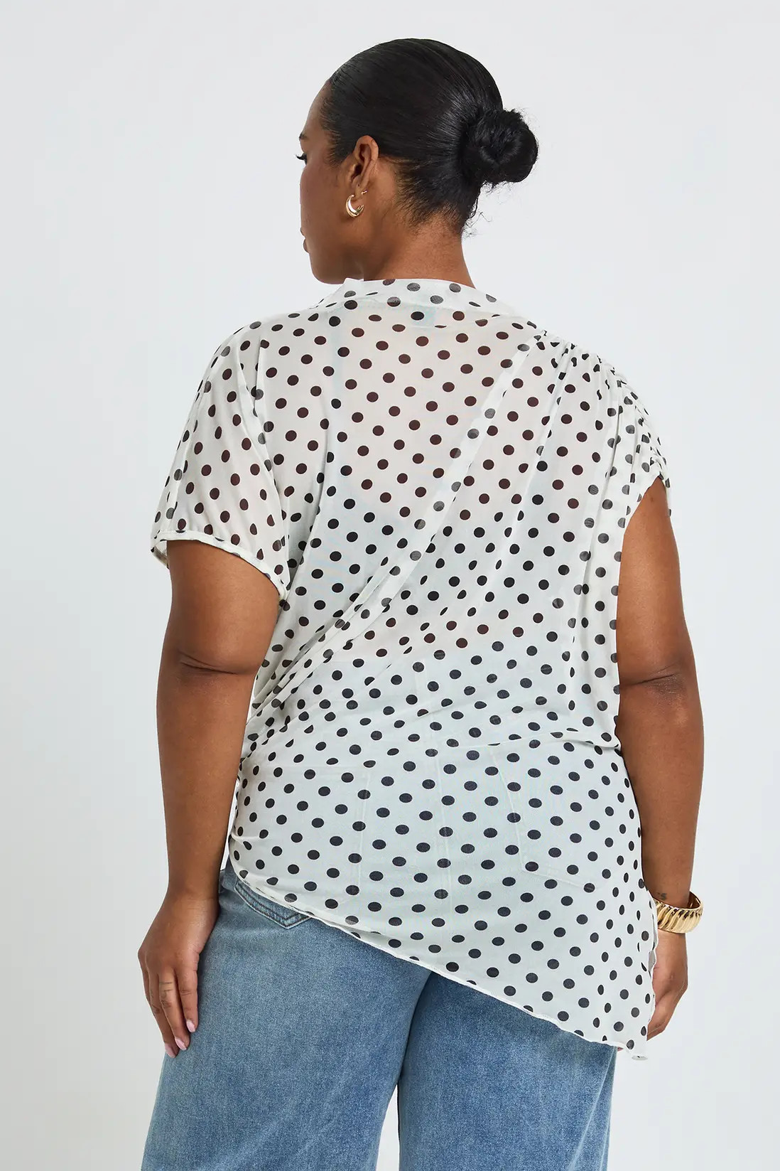 White Plus Mesh Polka Dot High Neck Ruched Side Asymmetric Top | Boohoo USA | boohoo (US & Canada)