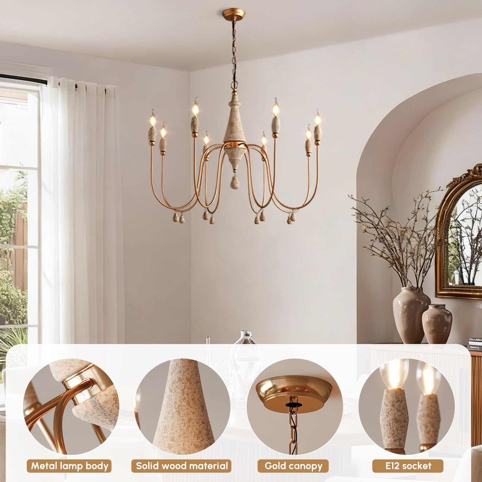 LOVEDIMA 38.2" French Country Chandelier, Modern Farmhouse 8-Light Candle-Style Chandeliers Wood ... | Amazon (US)